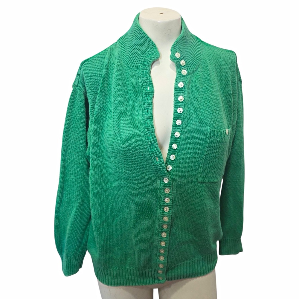 British Racin Green Cardigan S Ramie Cotton Green Button Pocket Sweater Vintage